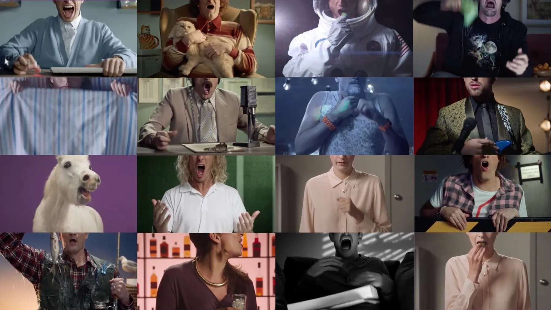 A grid of sixteen people, from a cardigan-wearer to an astronaut and a horse, each caught mid-shout or mid-cough.